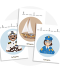 Activité à imprimer de mots troués pour la pré-écriture chez l'enfant avec des métiers et véhicules (bateau, capitaine, policier)