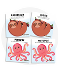 Cartes d'apprentissage bilingues thème animaux méli mélo 1 pour faire bouger les jeunes (paresseux, sloth, pieuvre, octopus)