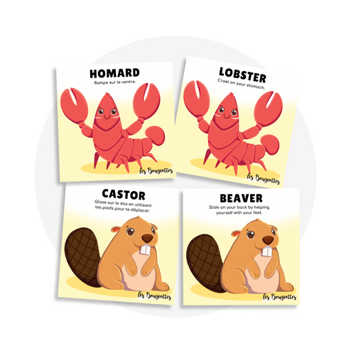 Cartes d'apprentissage bilingues thème animaux méli mélo 2 pour faire bouger les jeunes (homard, lobster, castor, beaver)