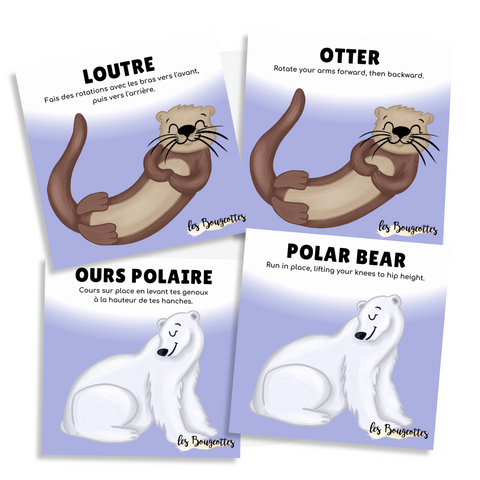 Cartes d'apprentissage bilingues thème animaux polaires pour faire bouger les jeunes (loutre, otter, ours polaire, polar bear)