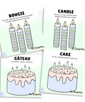 Cartes d'apprentissage bilingues thème anniversaire pour faire bouger les jeunes (bougie, candle, gâteau, cake)