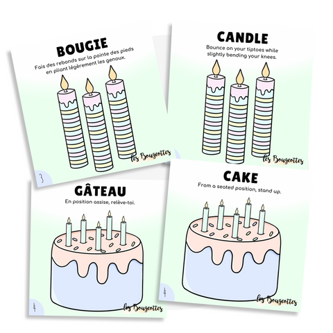 Cartes d'apprentissage bilingues thème anniversaire pour faire bouger les jeunes (bougie, candle, gâteau, cake)