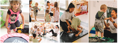 Montage de photo d'une animatrice qui anime un atelier de gymnastique et de psychomotricité avec les enfants dans une garderie.
