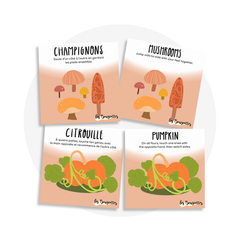 Cartes d'apprentissage bilingues thème automne pour faire bouger les jeunes (champignons, mushrooms, citrouille, pumpkin)