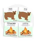 Cartes d'apprentissage bilingues thème camping pour faire bouger les jeunes (ours, bear, feu de camp, campfire)