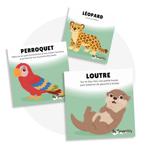 Cartes d'apprentissage animaux méli mélo en collaboration avec une orthophoniste pour stimuler le langage en bougeant 