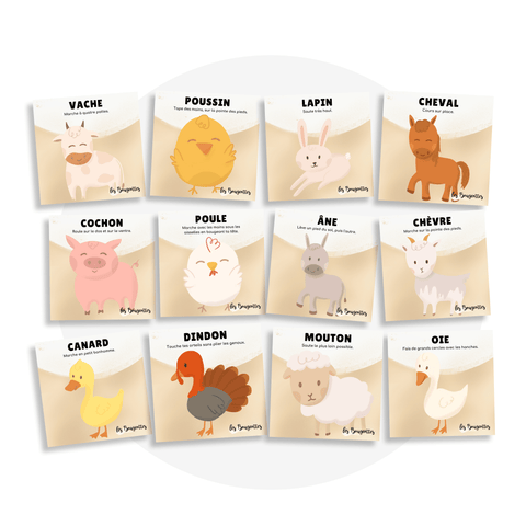 Collection de cartes d'apprentissage en français des animaux de la ferme avec des mouvements pour 18 mois plus.