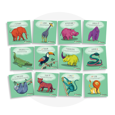 Collection de cartes d'apprentissage des animaux de la jungle en français avec des mouvements pourla motricité globale