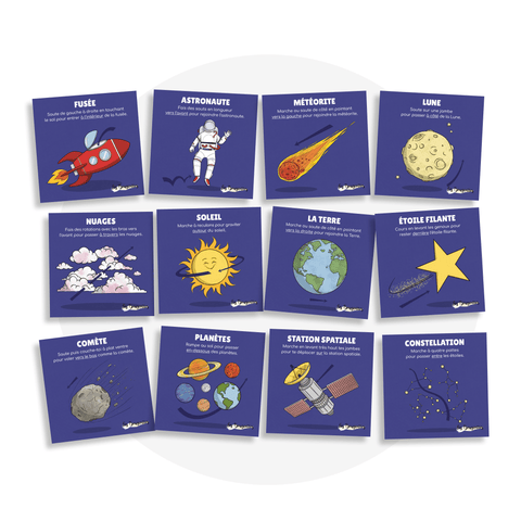 Collection de cartes d'apprentissage sur l'espace en français avec des mouvements pour travailler les notions spatiales