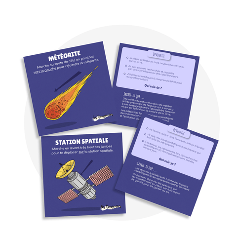 Cartes d’apprentissage actives thématiques espaces pour des pauses actives incluant un jeu de devinettes.