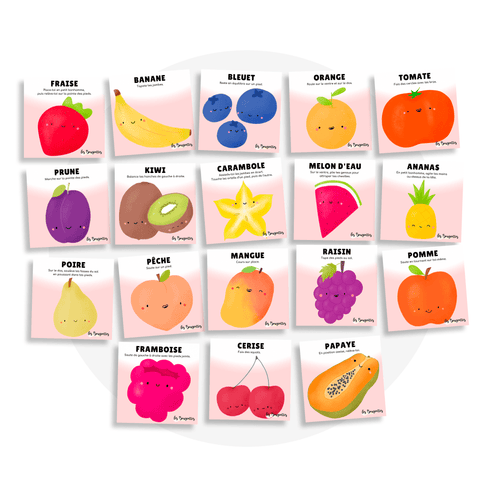 Collection de cartes d'apprentissage bilingues thème fruits avec des mouvements pour travailler la motricité globale