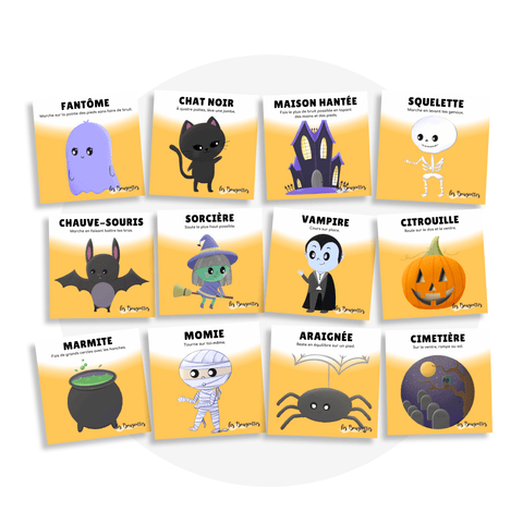 Collection de cartes d'apprentissage bilingues thème halloween avec des mouvements pour travailler la motricité globale