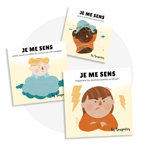 Cartes d'apprentissage Météo des émotions avec des mouvements d'automassage pour se détendre et apprivoiser ses émotions - Les Bougeottes
