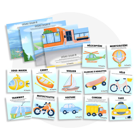 Collection de cartes d'apprentissage bilingues thème moyens de transport avec un jeu pour faire des entrainements