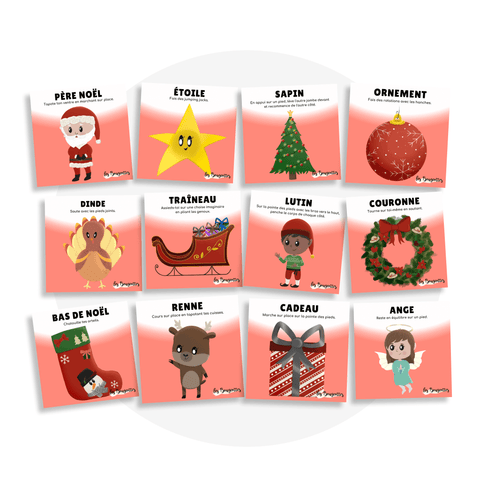 Collection de cartes d'apprentissage bilingues thème noël avec des mouvements pour bouger debout (père noël, sapin, ornement)