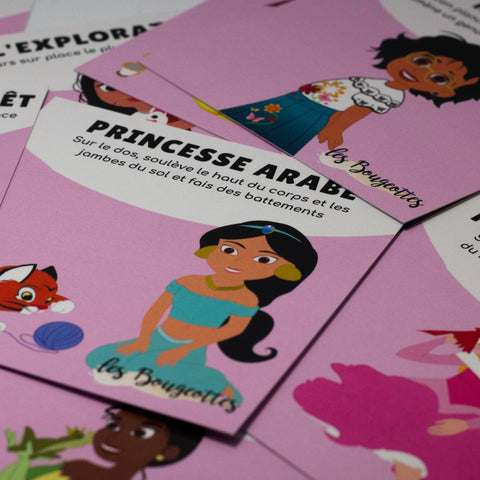 Cartes d’apprentissage bilingues thème princesses (Jasmine, Moana) pour pauses actives et stimulation du langage dès 4 ans.