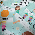 Cartes d’apprentissage Sports (basketball, soccer, cyclisme) pour pauses actives ludiques et langage des enfants.