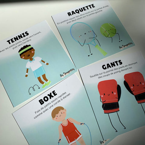 Cartes d’apprentissage Sports (tennis, raquette, boxe) pour pauses actives ludiques et langage des enfants par le jeu.