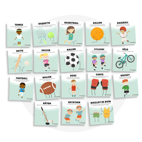 Collection de cartes d'apprentissage sports en français avec des mouvements de sauts (tennis, soccer, baseball, hockey)