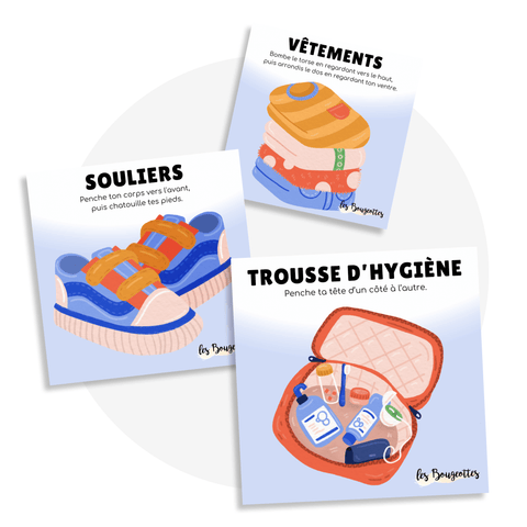 Cartes d'apprentissage Valise du voyageur (souliers, trousse d'hygiène, vêtements) pour bouger en restant assis