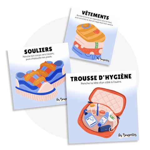 Cartes d'apprentissage Valise du voyageur (souliers, trousse d'hygiène, vêtements) pour bouger en restant assis - Les Bougeottes