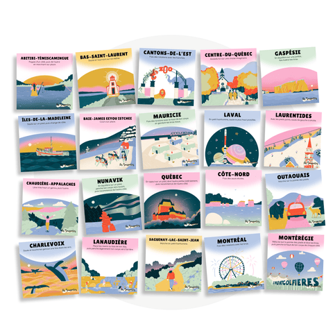 Cartes d’apprentissage Voyage au Québec pour faire des pauses actives en restant debout illustrant les régions du Québec