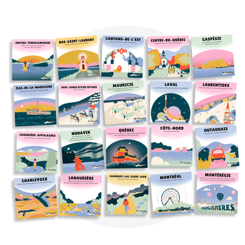 Cartes d’apprentissage Voyage au Québec pour faire des pauses actives en restant debout illustrant les régions du Québec - Les Bougeottes