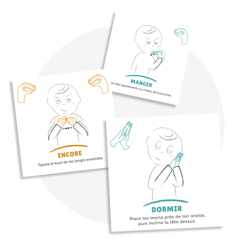 Cartes Langue des signes québécoise avec 18 mots à utiliser au quotidien des bébés et des enfants