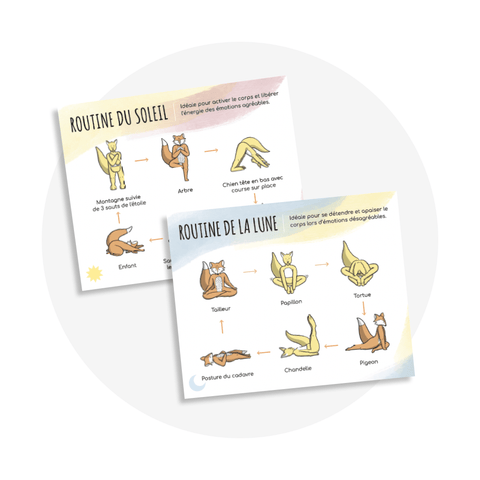 Cartes de yoga pour enfant afin de les aider à explorer leurs émotions comprenant des cartes de routines de yoga