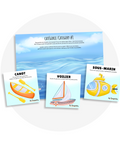 Cartes d’apprentissage actives thématiques moyens de transport (canot, voilier, sous-marin) pour des pauses actives sous forme d'un jeu d'association ou de catégorisation avec des fiches. 