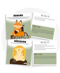 Cartes d’apprentissage actives thématiques animaux de la forêt (renard, hérisson) pour des pauses actives en position assise incluant un jeu de devinettes.