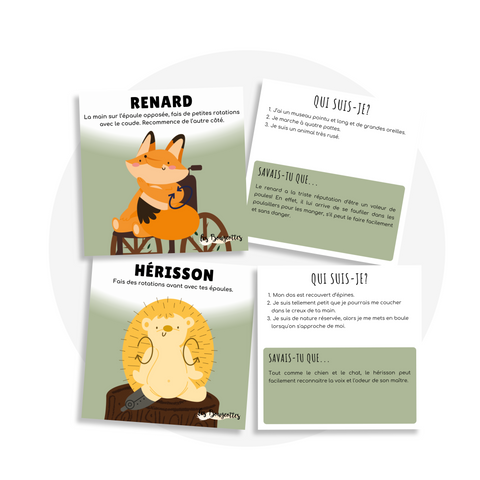 Cartes d’apprentissage actives thématiques animaux de la forêt (renard, hérisson) pour des pauses actives en position assise incluant un jeu de devinettes.