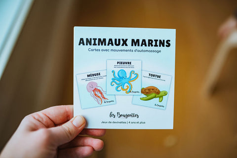 Cartes d'apprentissage animaux marins avec des mouvements d'auto-massage pour els 4 ans et plus à faire en position assise. 