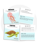 Cartes d’apprentissage actives thématiques animaux marins (méduse, tortue) pour des pauses d'automassage incluant un jeu de devinettes.
