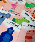Cartes d’apprentissage actives thématiques animaux méli mélo (gorille, crevette, grenouille) pour pauses actives de motricité globale et fine. 