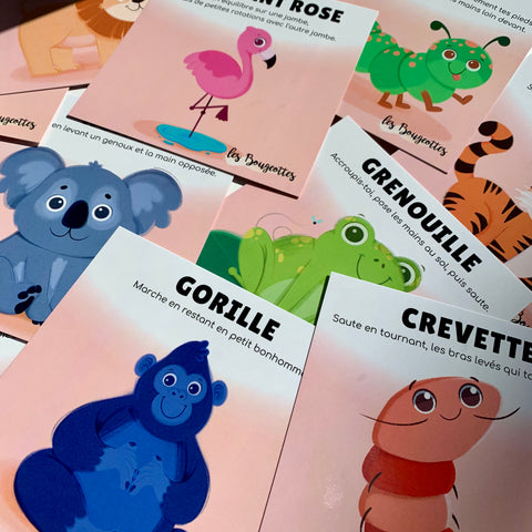 Cartes d’apprentissage actives thématiques animaux méli mélo (gorille, crevette, grenouille) pour pauses actives de motricité globale et fine. 