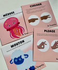 Cartes d’apprentissage actives thématiques animaux méli mélo pour pauses actives de motricité globale (méduse, mouton) et fine (ciseaux, pliage). 