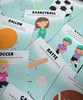 Cartes d’apprentissage actives thématiques Sports (basketball, soccer, cyclisme) pour pauses actives ludiques et langage des enfants.