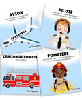 Cartes d’apprentissage actives thématiques véhicules de métier (avion, camion de pompier) pour des pauses actives travaillant la coordination et incluant un jeu d'association.