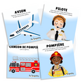 Cartes d’apprentissage actives thématiques véhicules de métier (avion, camion de pompier) pour des pauses actives travaillant la coordination et incluant un jeu d'association.