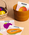 Cartes d’apprentissage bilingues fruits (mangue, raison, papaye) dès 2 ans pour pauses actives.