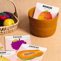 Cartes d’apprentissage bilingues fruits (mangue, raison, papaye) dès 2 ans pour pauses actives.