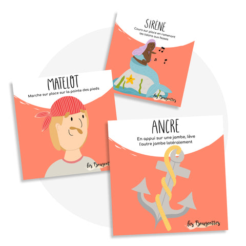 Cartes d’apprentissage actives pirate pour faire des pauses actives en restant debout et stimuler le langage des enfants de façon ludique.