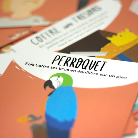 Mot-étiquette sur le thème des pirates qui inclut aussi un exercice à faire avec l'illustration pour faire des pauses actives.