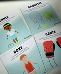 Cartes d’apprentissage actives thématiques Sports (tennis, raquette, boxe, gants) pour pauses actives ludiques et langage des enfants par le jeu. 