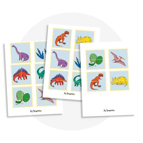 Activité à imprimer pour enfant 2 ans et plus : casse-tête pour travailler la coordination œil-main, la motricité fine, l’observation et la mémoire sur le thème des dinosaures.