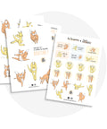 Montage de quatre feuilles d’autocollants : trois avec mascottes renard et kangourou en gymnastique et une avec messages positifs.