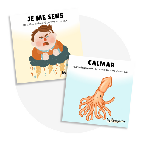 Ensemble de produits Les Bougeottes avec des mouvements d'automassage (météo des émotions et animaux marins)