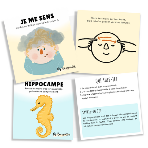 Ensemble de produits Les Bougeottes avec des mouvements d'automassage (météo des émotions et animaux marins)