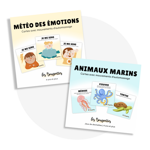 Ensemble de produits Les Bougeottes avec des mouvements d'automassage (météo des émotions et animaux marins)